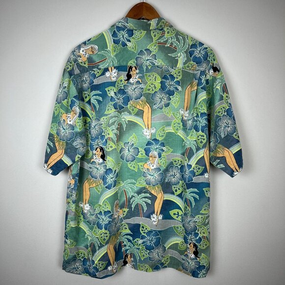 Tommy Bahama Shirt Mens Medium Blue Green Camp Hawaiian Hula Pinup Girls Buttons - Picture 10 of 13